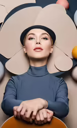 a woman wearing blue clothes and a hat holding an acoustic guitar