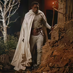 a man dressed as star wars standing in front of trees