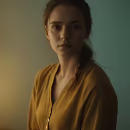 a woman with brown hair is looking into the camera