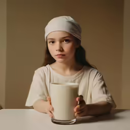 the girl is holding a glass and has a towel on her head