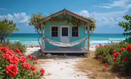 blue house on beach with hammock hanging out