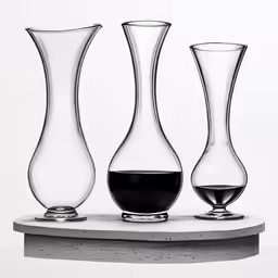three vases on a marble slab with a wine glass