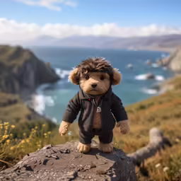 a stuffed bear wearing a hoodie standing on a cliff