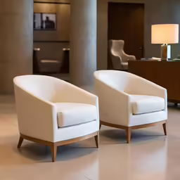 two chairs in a big room with a lamps on the wall