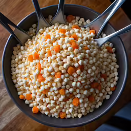 the bowl has two spoons inside of it