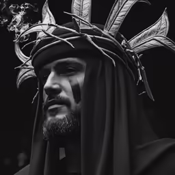 a man with crown and a robe on his head