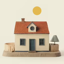 a small toy house on a pedestal with a light and a lamp