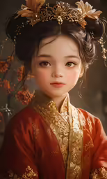 a young girl wearing a red and gold dress with an oriental hairdol
