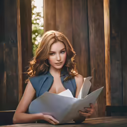 a woman reading a magazine next to a wooden structure
