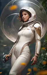 a woman wearing a white bodysuit with a helmet and sci - fion gear
