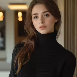woman in black sweater leaning against column looking into camera