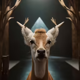 a deer looks at the camera with horns in his head