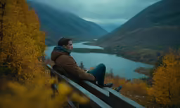 man with a backpack sitting on a bench looking at the lake