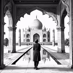 black and white image of a man standing in an oriental building