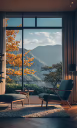 a living room with a view outside a window