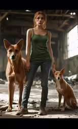 there is a woman and two dogs that are standing together