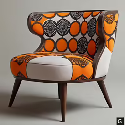 an orange and white chair with black details on the back