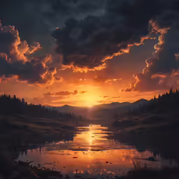a sunset view on a small lake with some trees in it