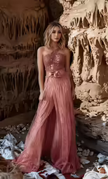 a woman in a pink gown standing in the middle of some rocks