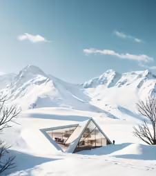 modern house on a snowy mountain with trees in the foreground