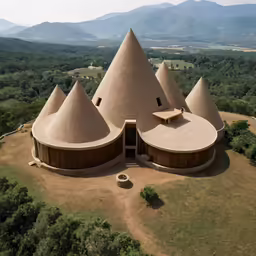 a brown pyramid shaped building in the middle of trees and hills