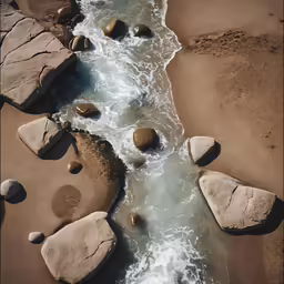 water is coming from the rocks to shore