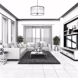 an artistic drawing of a large living room