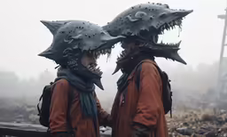 two people wearing fish helmets with spikes