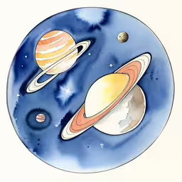 the planets are depicted in this art print,an image of a watercolor drawing with a planet in the background