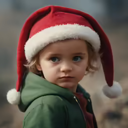 young girl wearing green jacket and red hat