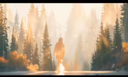 the silhouette of a person walking along a road surrounded by trees
