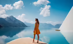 a woman in yellow dress looking into the sky