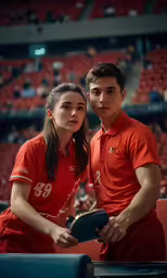 a man and a woman are posing in the stands for a photo