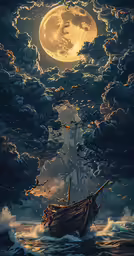 a painting of a boat in the middle of water