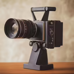 a camera mounted on top of a wooden table