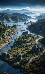a scenic river valley in a mountain valley