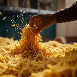 a person is placing shredded pasta into large bowls