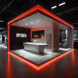 a futuristic bathroom with lighting on the ceiling and a big white tub