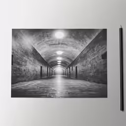 a pencil is laying next to a black and white photo of a hallway
