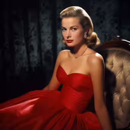 a woman wearing a red dress sitting on a chair,an image of a girl in a red dress sitting on a chair
