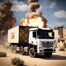 a big white truck with smoke in the background,a truck is traveling through the sand while a huge smoke plume is in the background