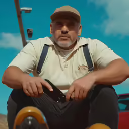 a man in an orange hat holding a steering wheel