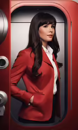 a woman posing for a picture with her hands on her hips in front of a red wall