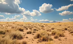 a deserted dirt field with mountains in the background