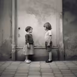 two small children in front of an old photo,two little girls standing in front of a painting