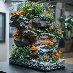 a glass container with some rocks and plants