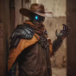 a man with a brown jacket and leather hat is dressed up