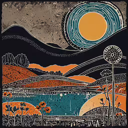an illustration of mountains with stars and swirls,the sun is setting over a mountain range, in an orange and blue painting