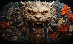 a detailed dragon, dragon, dragon mask on display