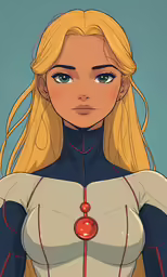 a woman with blonde hair and blue eyes is standing in front of a green background